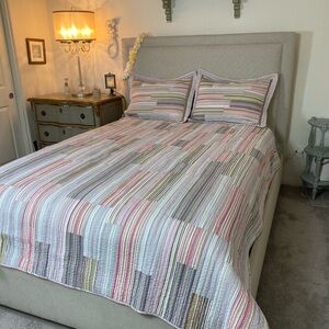 Striped Pastel Cotton Quilt Set - Pink, Grey white Queen Sateen smooth cotton